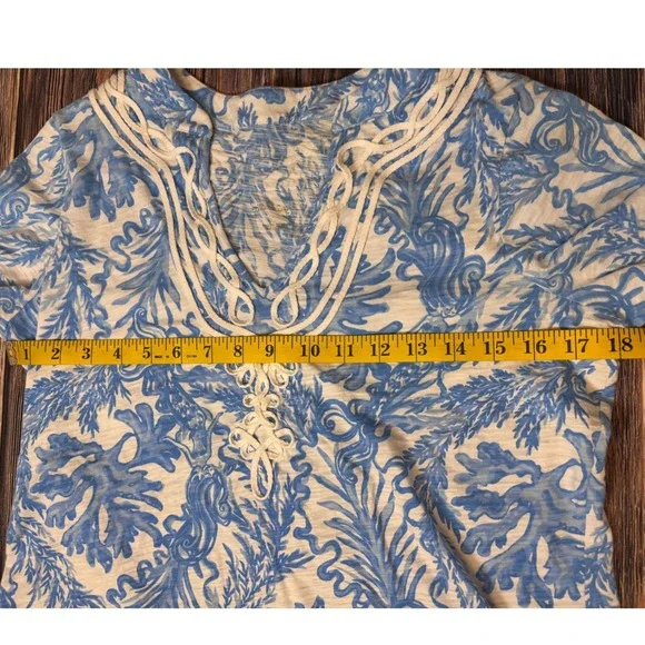 Lilly Pulitzer Kaia Tunic Top Womens M Blue Aqua Coral Cotton V-Neck Soutache - Picture 5 of 12
